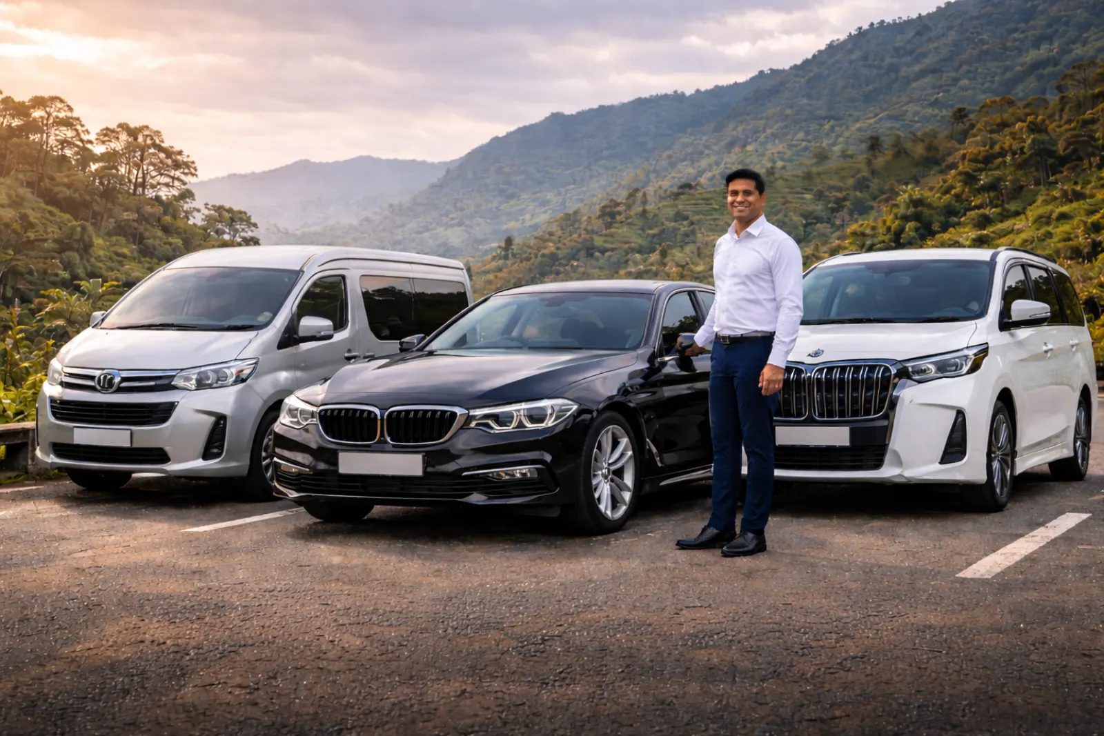 A SriRide driver with a van, a sedan and an MPV in the hill country